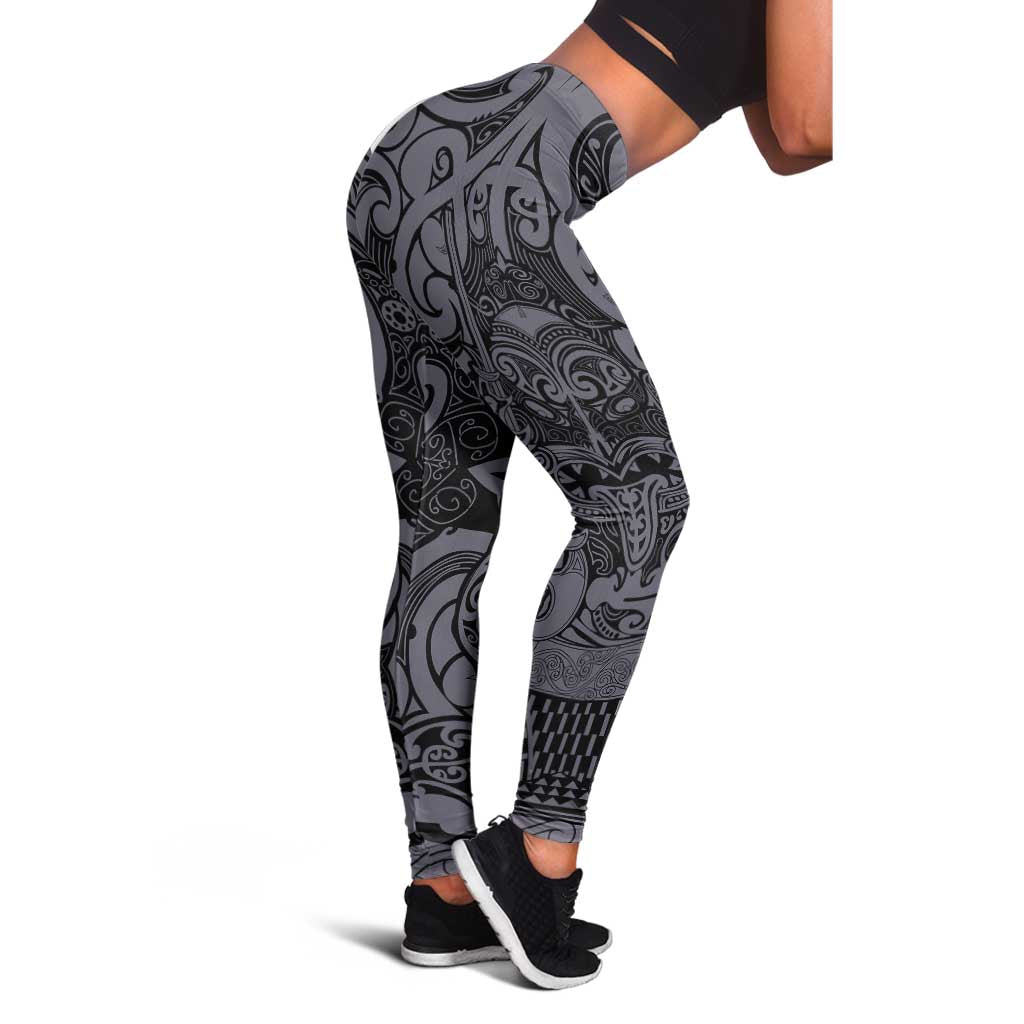 New Zealand Taiaha Maori Leggings Minimalist Silver Fern All Black LT09
