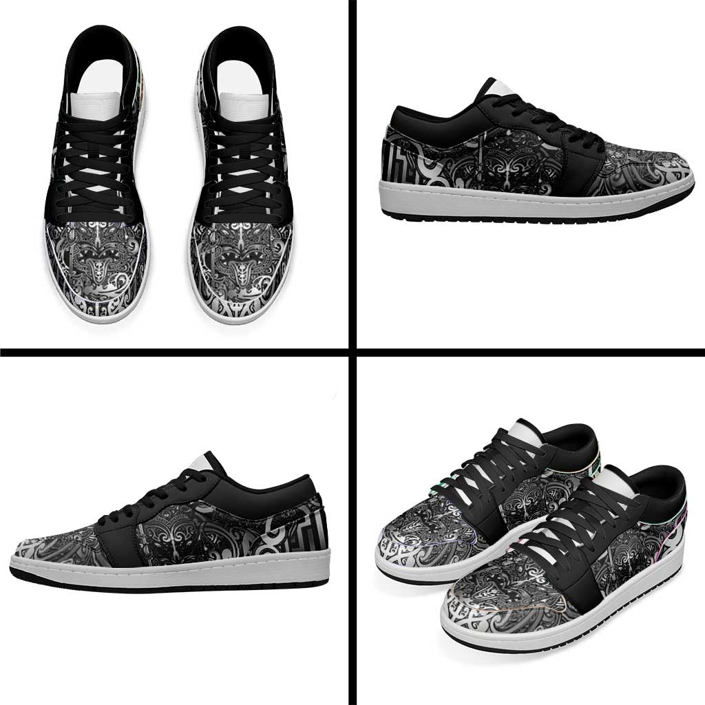 New Zealand Taiaha Maori Low Sneakers Kiwikiwi Minimalist Silver Fern Tukutuku Motif