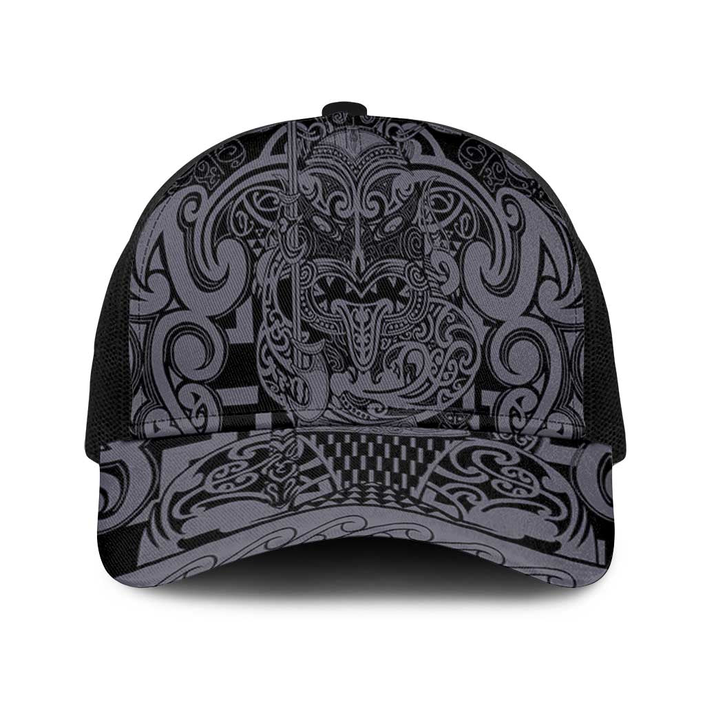 New Zealand Taiaha Maori Mesh Trucker Cap Minimalist Silver Fern All Black - Polynesian Pride