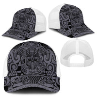 New Zealand Taiaha Maori Mesh Trucker Cap Minimalist Silver Fern All Black - Polynesian Pride