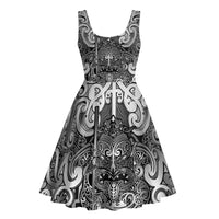 New Zealand Taiaha Maori Midi Dress Kiwikiwi Minimalist Silver Fern Tukutuku Motif