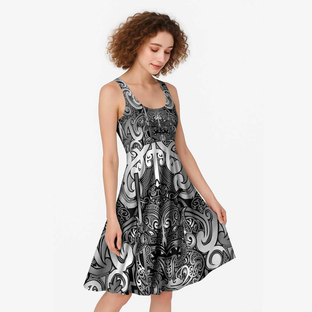 New Zealand Taiaha Maori Midi Dress Kiwikiwi Minimalist Silver Fern Tukutuku Motif