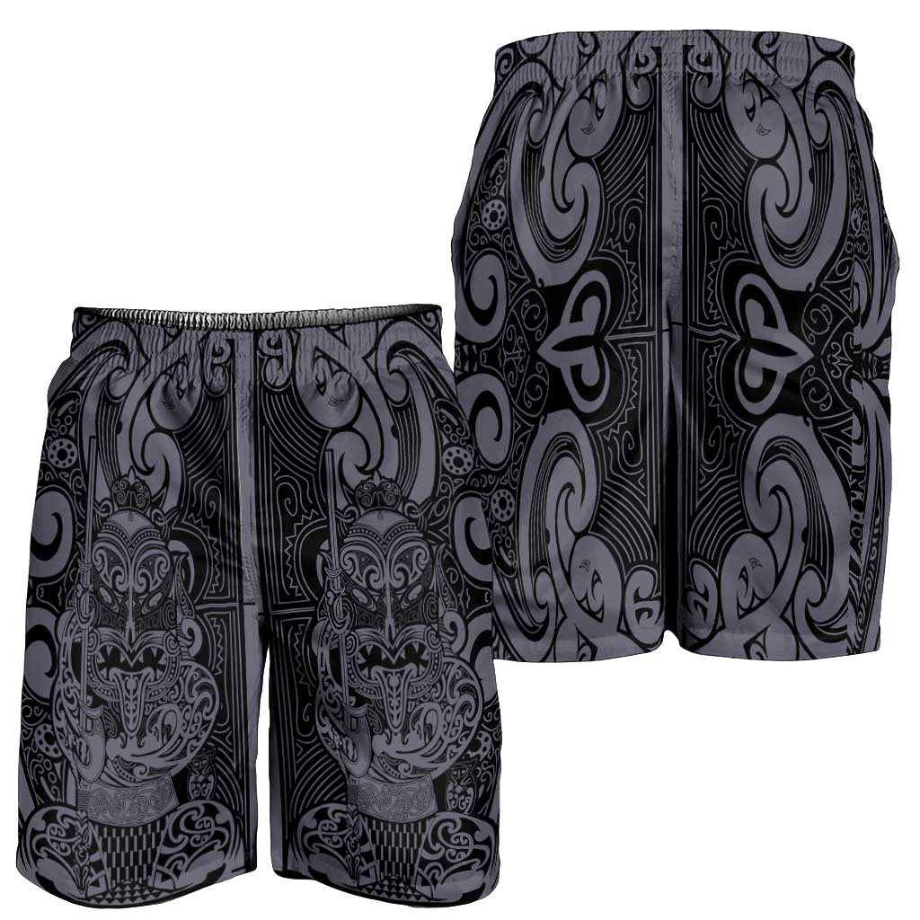 New Zealand Taiaha Maori Shorts for Men Minimalist Silver Fern All Black LT09