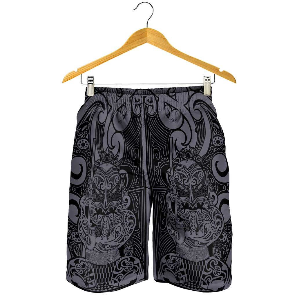 New Zealand Taiaha Maori Shorts for Men Minimalist Silver Fern All Black LT09