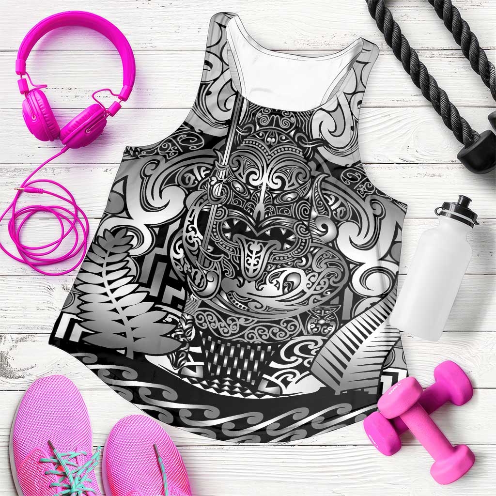 New Zealand Taiaha Maori Women Racerback Tank Kiwikiwi Minimalist Silver Fern Tukutuku Motif