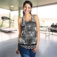 New Zealand Taiaha Maori Women Racerback Tank Kiwikiwi Minimalist Silver Fern Tukutuku Motif