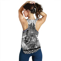 New Zealand Taiaha Maori Women Racerback Tank Kiwikiwi Minimalist Silver Fern Tukutuku Motif
