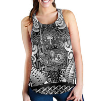New Zealand Taiaha Maori Women Racerback Tank Kiwikiwi Minimalist Silver Fern Tukutuku Motif