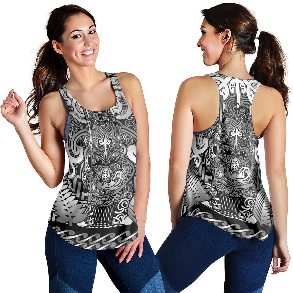 New Zealand Taiaha Maori Women Racerback Tank Kiwikiwi Minimalist Silver Fern Tukutuku Motif