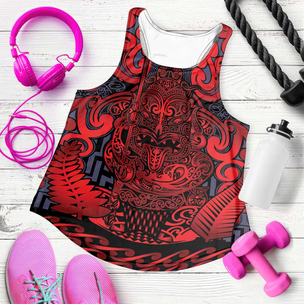 New Zealand Taiaha Maori Women Racerback Tank Whero Minimalist Silver Fern Tukutuku Motif