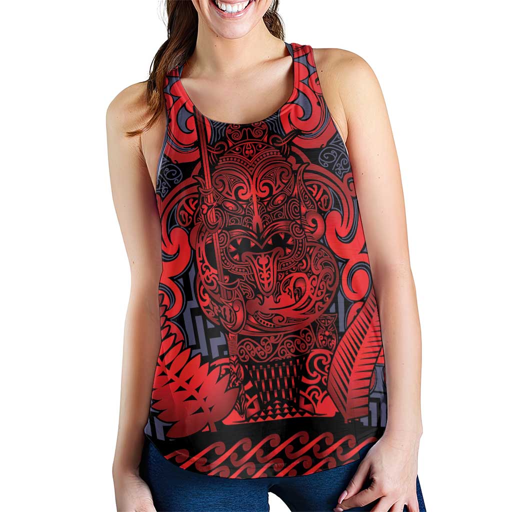 New Zealand Taiaha Maori Women Racerback Tank Whero Minimalist Silver Fern Tukutuku Motif