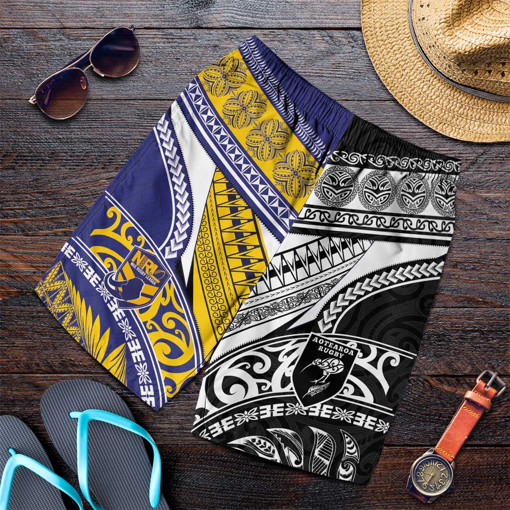 Niue and Aotearoa Rugby Shorts for Men Hiapo with Maori Moko Tribal Heritage Tattoos - Polynesian Pride
