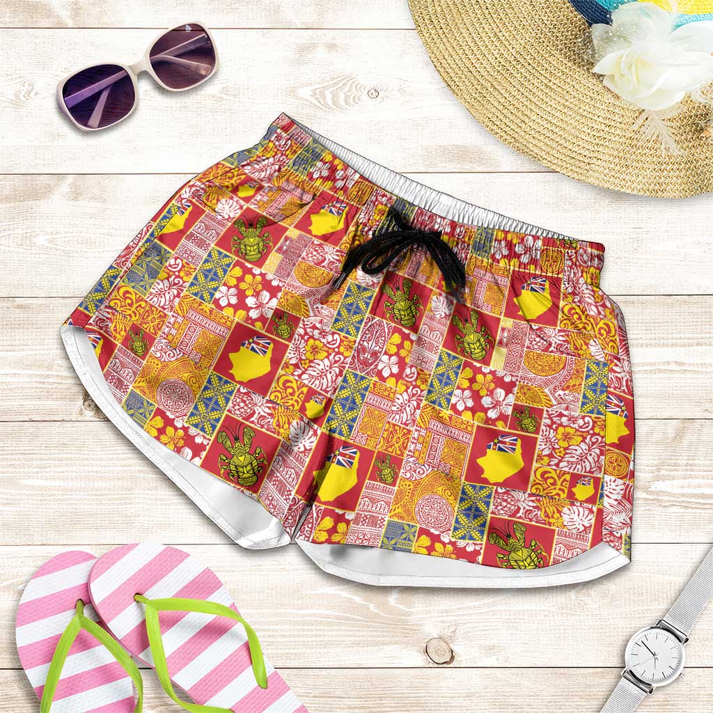 Niue Monuina e Kilisimasi Shorts for Women Pacific Patchwork Xmas Vibes - Polynesian Pride