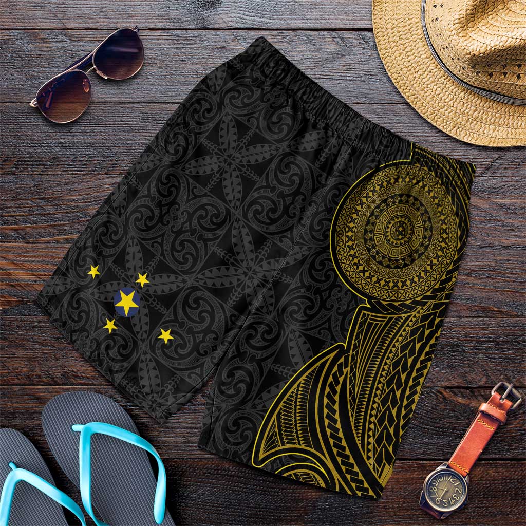 Niue Polynesian Hiapo Tattoo Art Shorts for Men Half Style Black Gold Color - Polynesian Pride