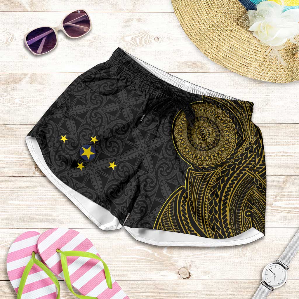 Niue Polynesian Hiapo Tattoo Art Shorts for Women Half Style Black Gold Color - Polynesian Pride