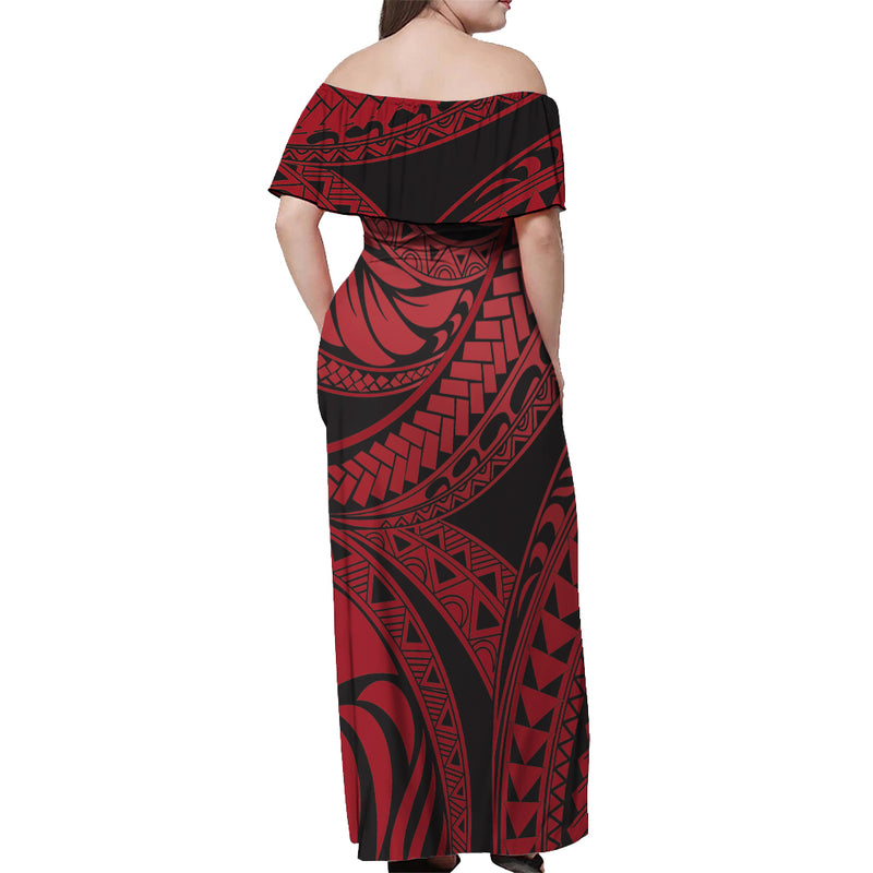 Vanuatu Color Off Shoulder Long Dress Pig Tusk Polynesian Red main image 1