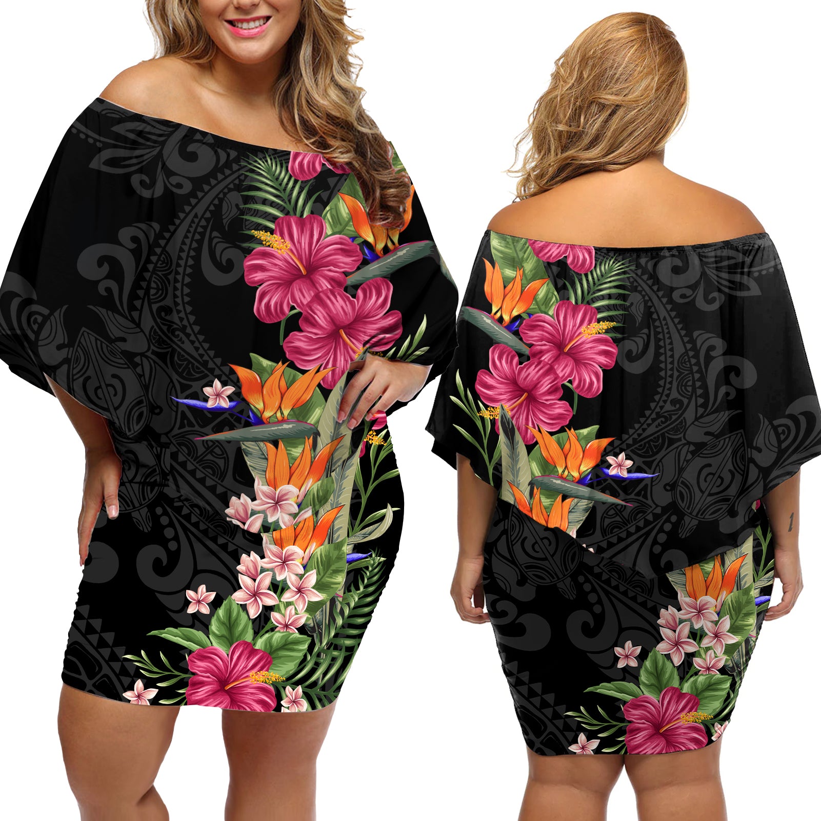 Hawaii Flowers Tribal Pattern Off Shoulder Short Dress LT9 - Polynesian Pride