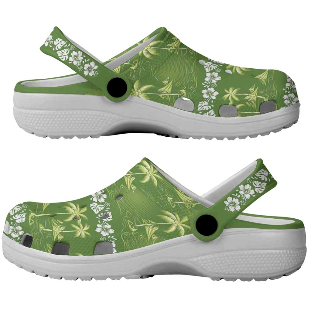 Olive Green Hawaii Palm Tree Hibiscus Clogs Shoes Fantasy Summer Vibe