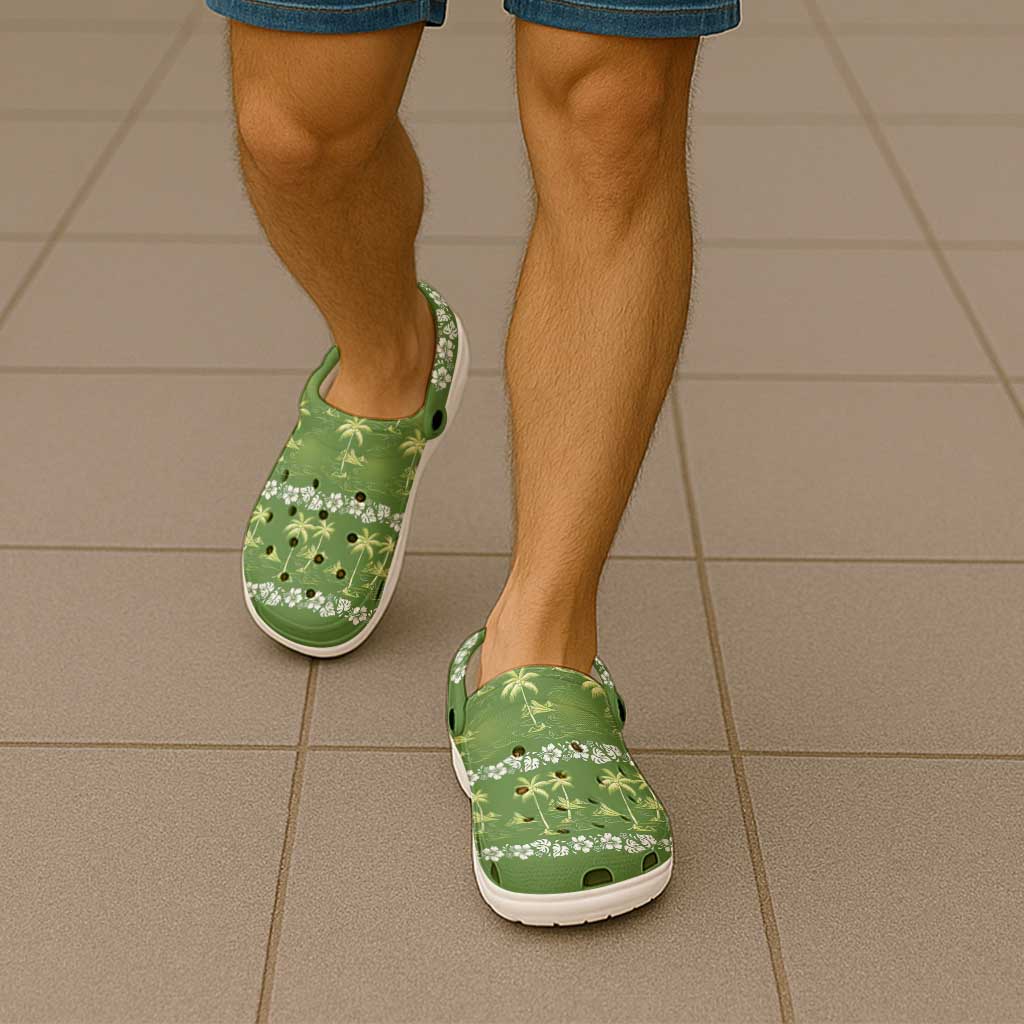 Olive Green Hawaii Palm Tree Hibiscus Clogs Shoes Fantasy Summer Vibe