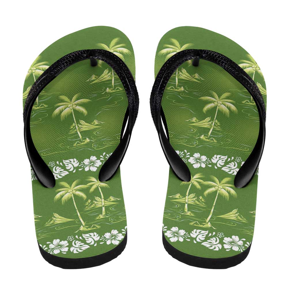 Olive Green Hawaii Palm Tree Hibiscus Flip Flops Fantasy Summer Vibe