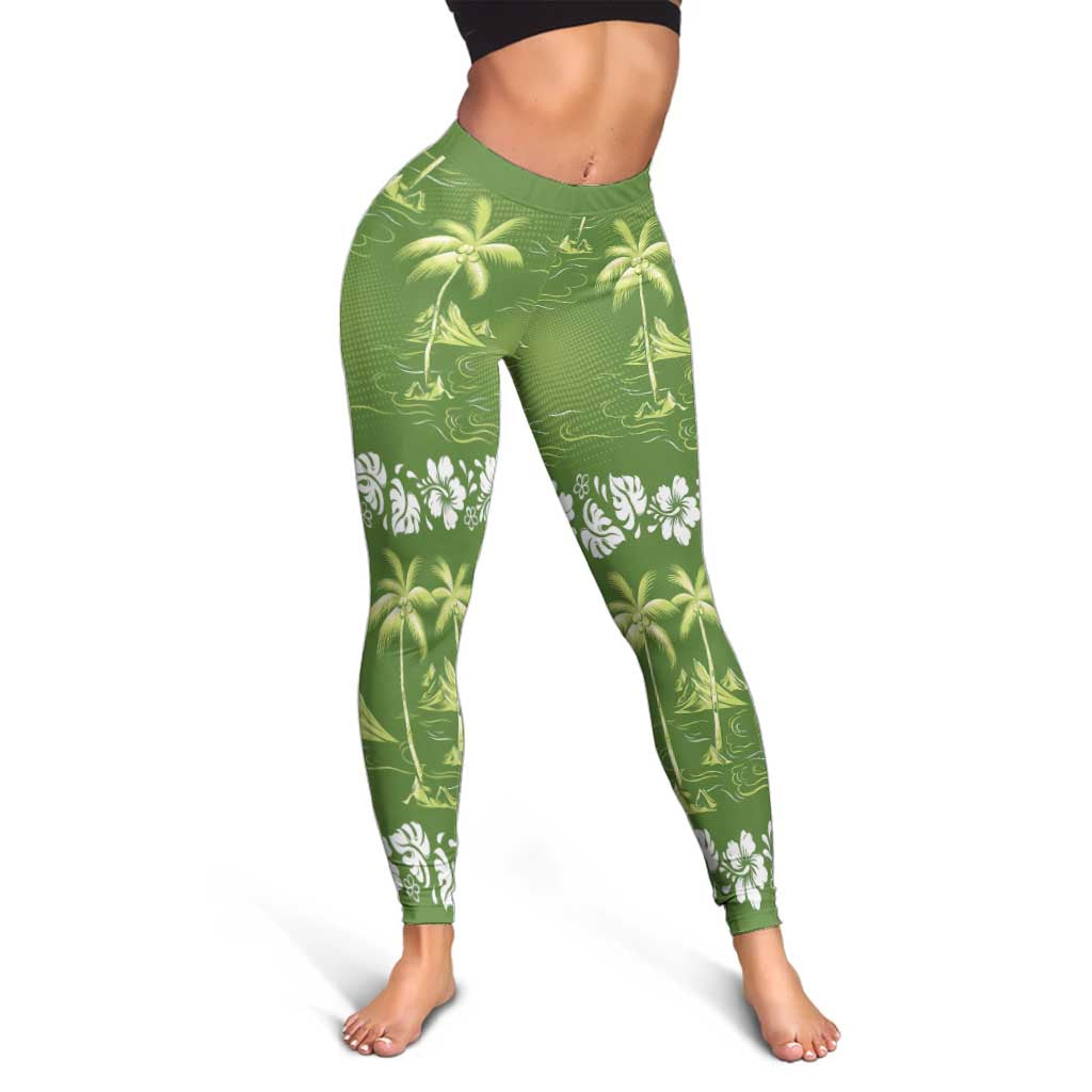 Olive Green Hawaii Palm Tree Hibiscus Leggings Fantasy Summer Vibe