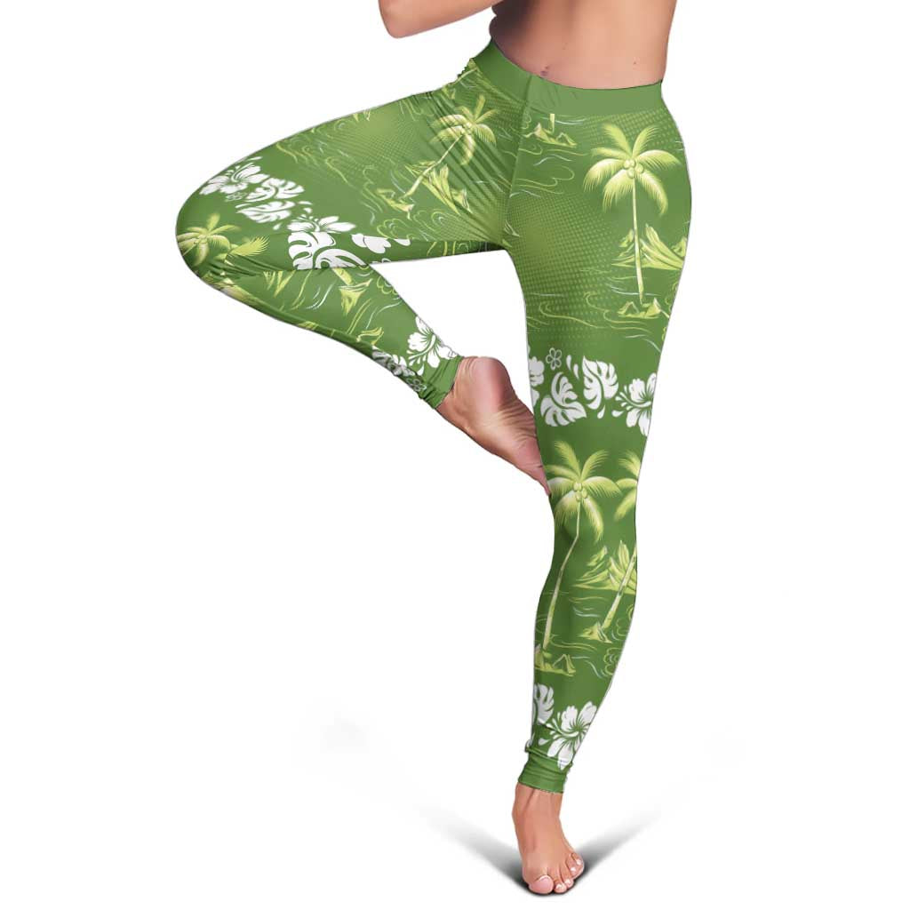 Olive Green Hawaii Palm Tree Hibiscus Leggings Fantasy Summer Vibe