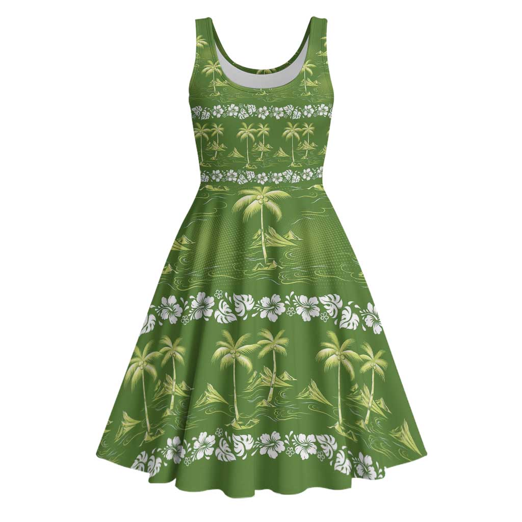 Olive Green Hawaii Palm Tree Hibiscus Midi Dress Fantasy Summer Vibe