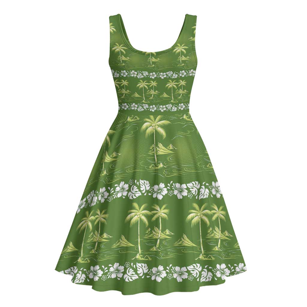 Olive Green Hawaii Palm Tree Hibiscus Midi Dress Fantasy Summer Vibe