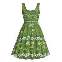 Olive Green Hawaii Palm Tree Hibiscus Midi Dress Fantasy Summer Vibe