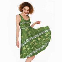 Olive Green Hawaii Palm Tree Hibiscus Midi Dress Fantasy Summer Vibe