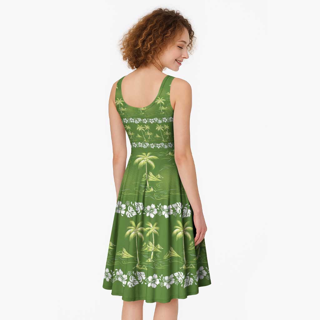 Olive Green Hawaii Palm Tree Hibiscus Midi Dress Fantasy Summer Vibe