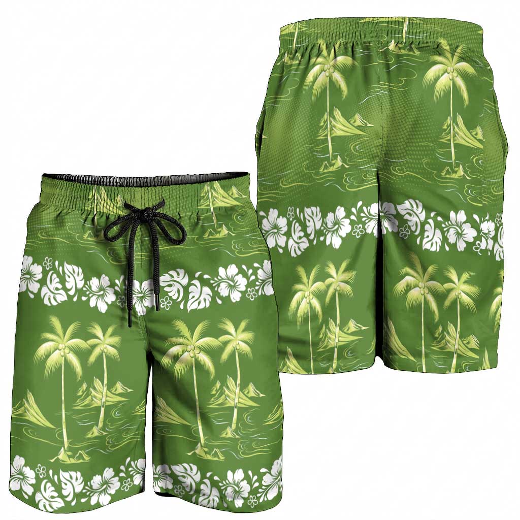 Olive Green Hawaii Palm Tree Hibiscus Shorts for Men Fantasy Summer Vibe