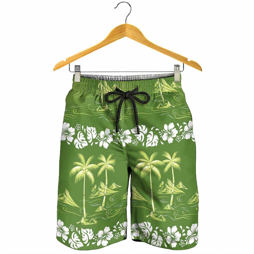 Olive Green Hawaii Palm Tree Hibiscus Shorts for Men Fantasy Summer Vibe