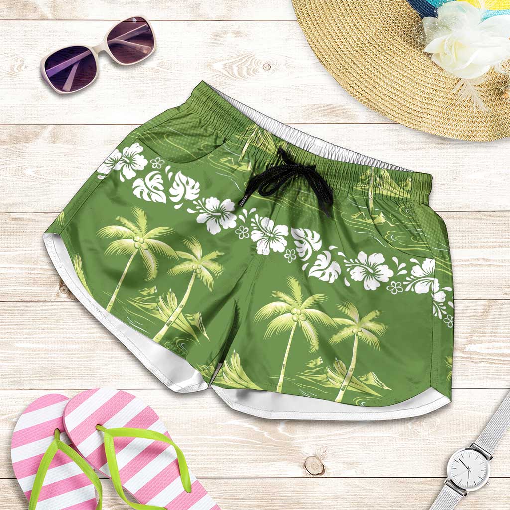 Olive Green Hawaii Palm Tree Hibiscus Shorts for Women Fantasy Summer Vibe