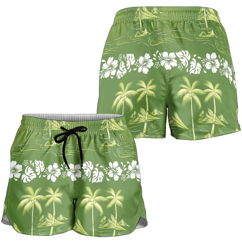 Olive Green Hawaii Palm Tree Hibiscus Shorts for Women Fantasy Summer Vibe