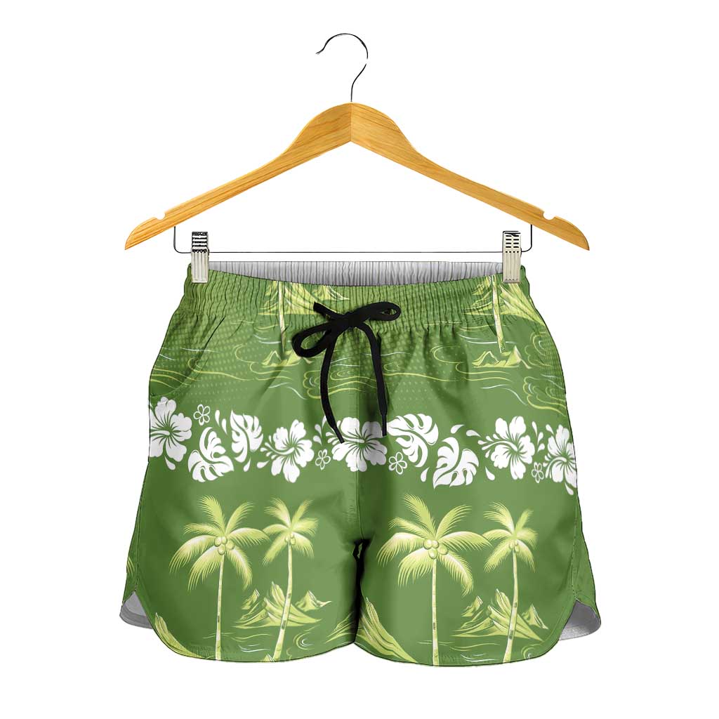 Olive Green Hawaii Palm Tree Hibiscus Shorts for Women Fantasy Summer Vibe