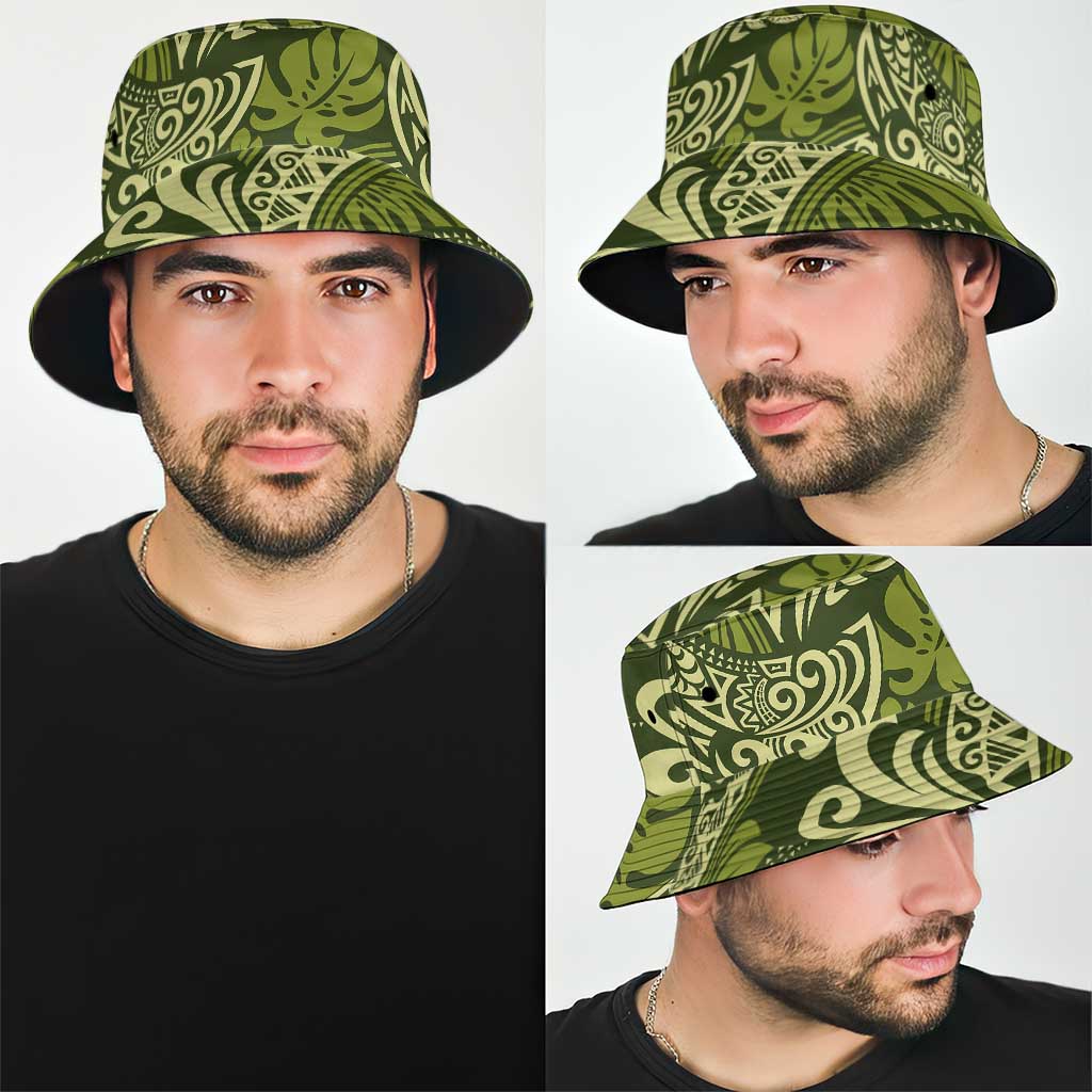 Olive Green Monstera Bucket Hat Polynesian Tribal Pattern - Polynesian Pride
