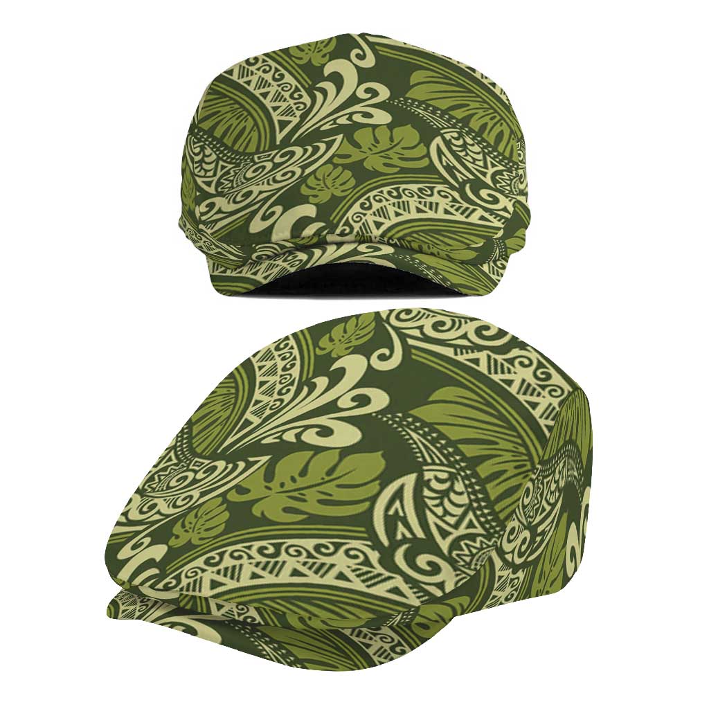 Olive Green Monstera Jeff Hat Polynesian Tribal Pattern - Polynesian Pride