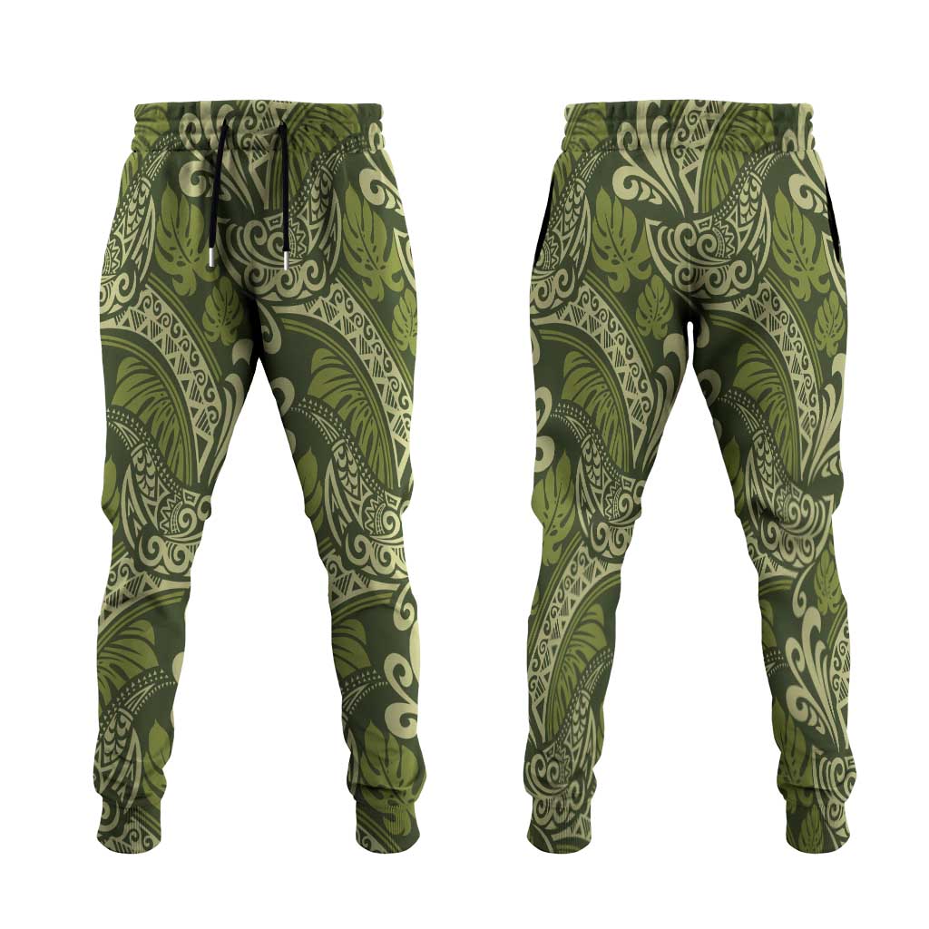 Olive Green Monstera Jogger Pants Polynesian Tribal Pattern - Polynesian Pride