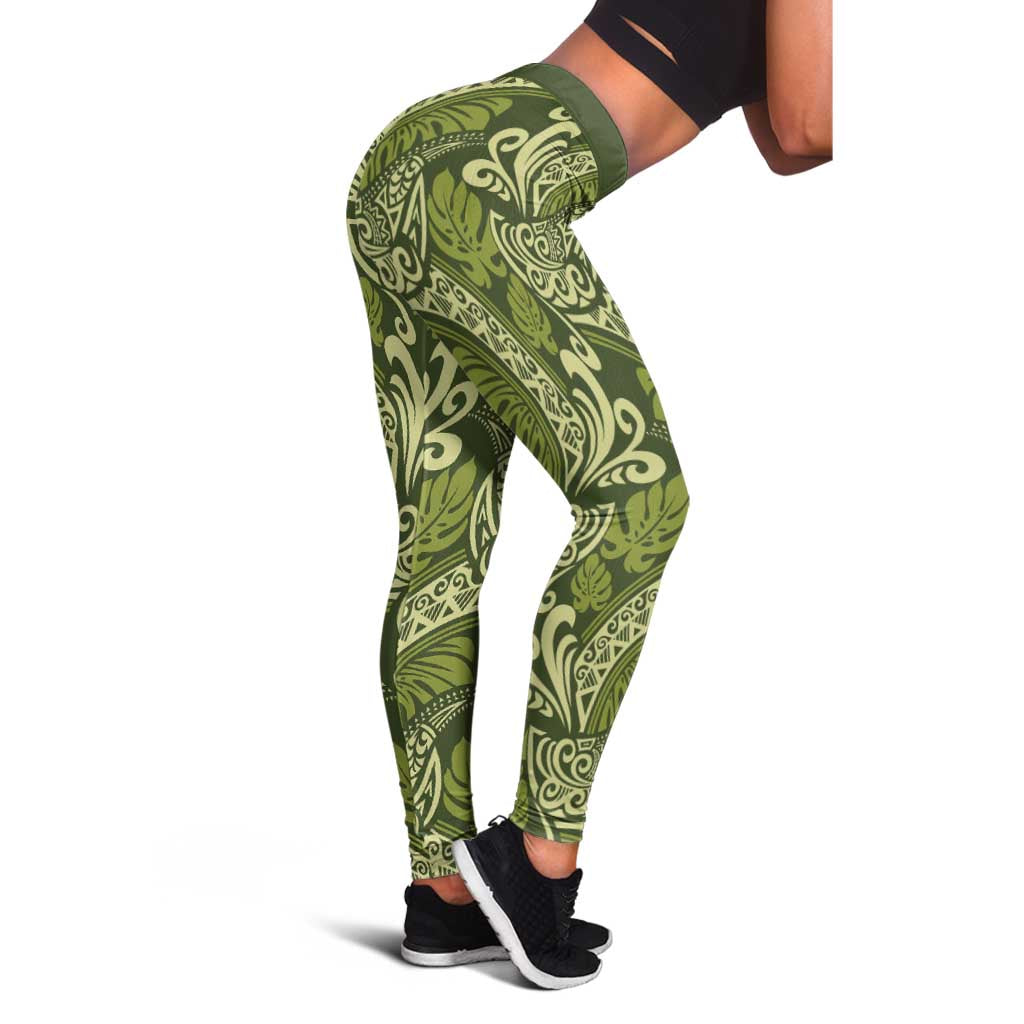 Olive Green Monstera Leggings Polynesian Tribal Pattern - Polynesian Pride