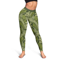 Olive Green Monstera Leggings Polynesian Tribal Pattern - Polynesian Pride