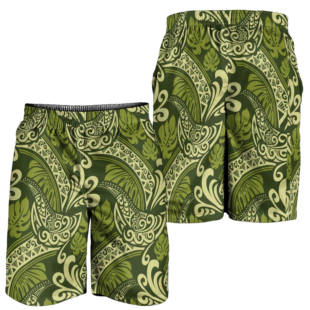 Olive Green Monstera Shorts for Men Polynesian Tribal Pattern - Polynesian Pride