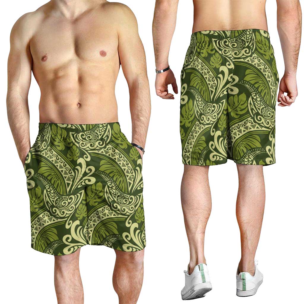 Olive Green Monstera Shorts for Men Polynesian Tribal Pattern - Polynesian Pride