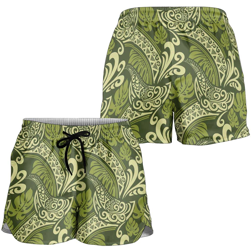 Olive Green Monstera Shorts for Women Polynesian Tribal Pattern - Polynesian Pride
