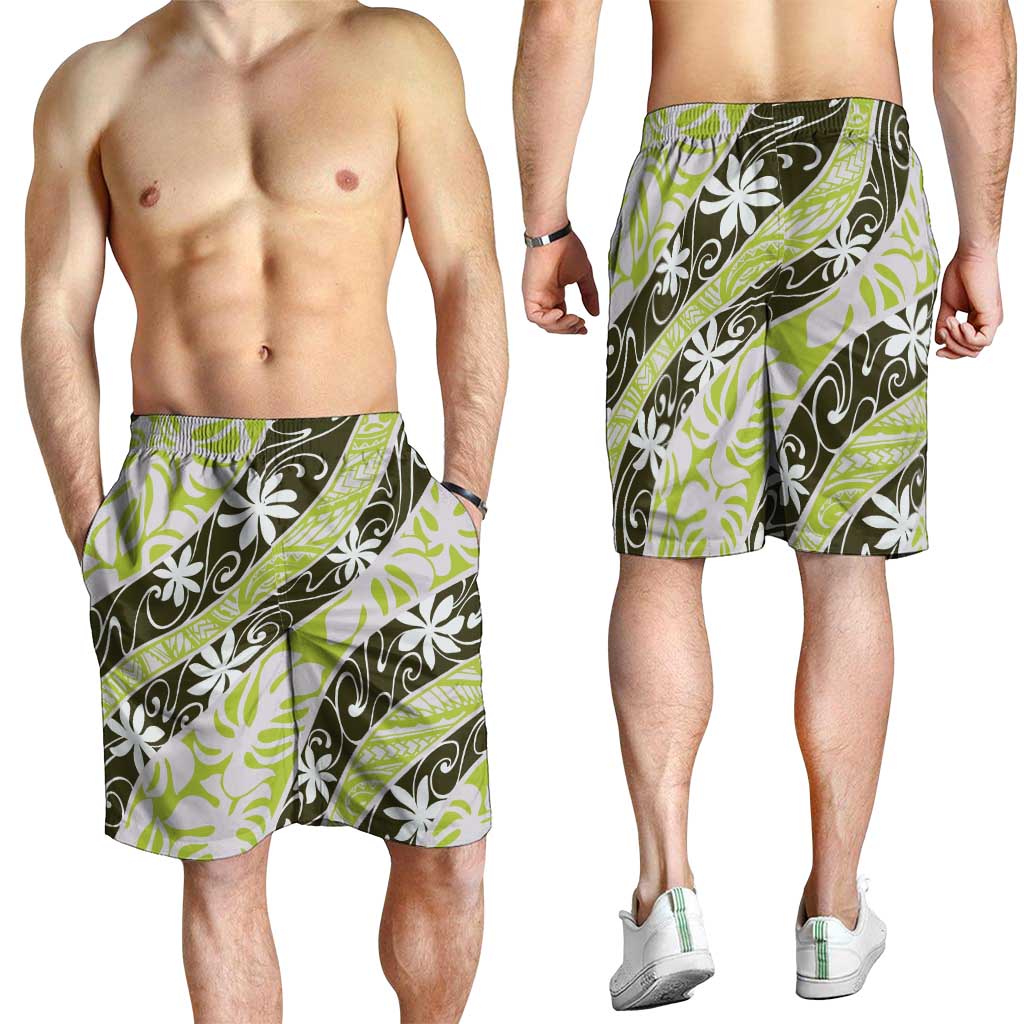 Olive Tahiti Tiare Monstera Shorts for Men Polynesian Pattern Curve Style - Polynesian Pride