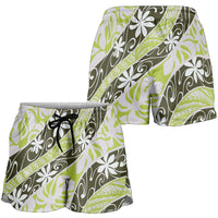 Olive Tahiti Tiare Monstera Shorts for Women Polynesian Pattern Curve Style - Polynesian Pride