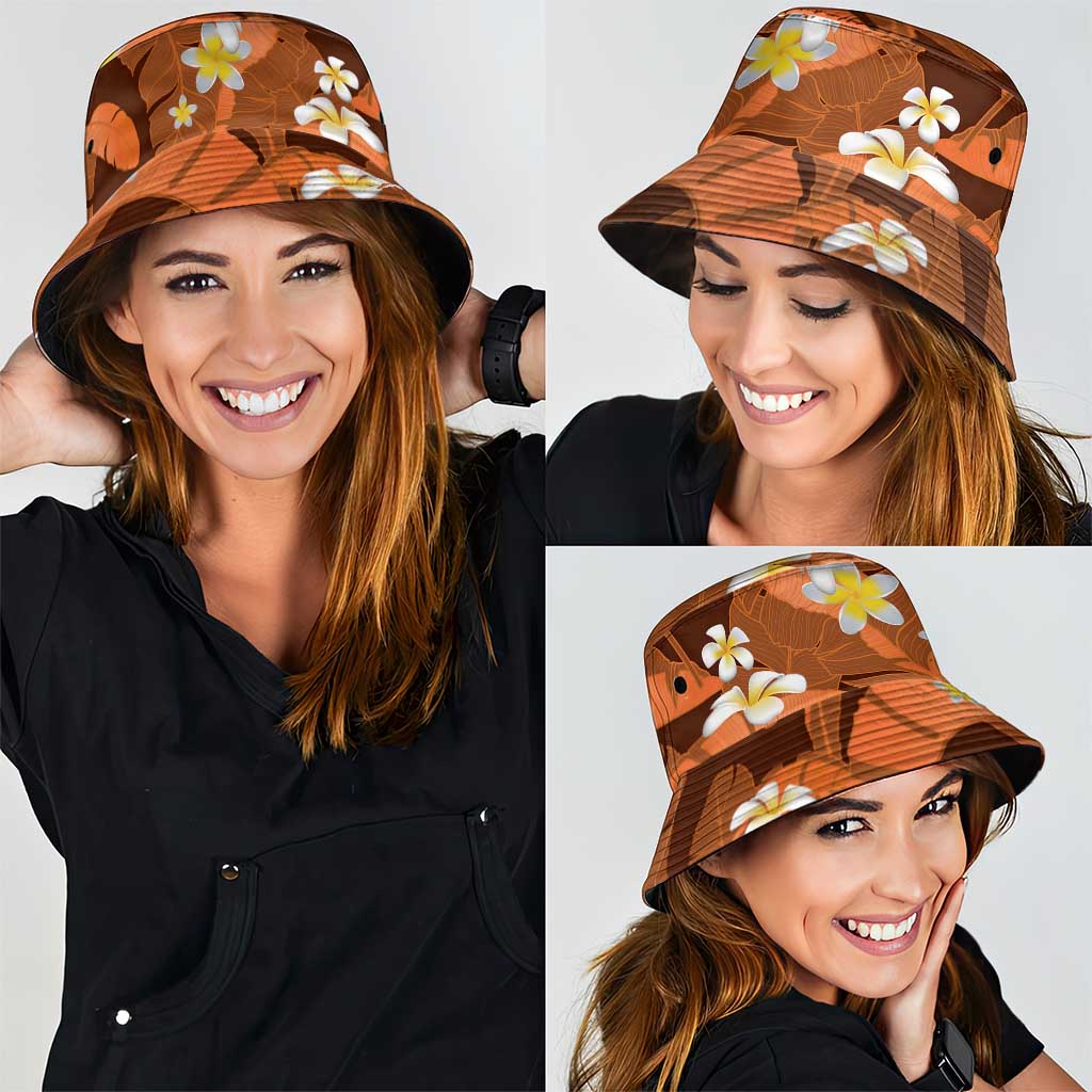 Orange Banana Leaf Hawaii Bucket Hat Lau Maia Plumeria Tropical Summer Vibes