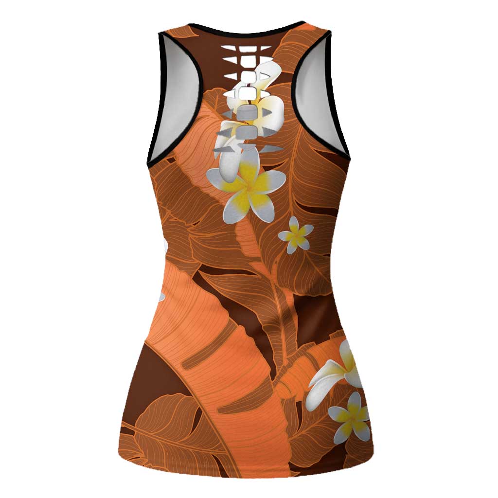 Orange Banana Leaf Hawaii Hollow Tank Top Lau Maia Plumeria Tropical Summer Vibes