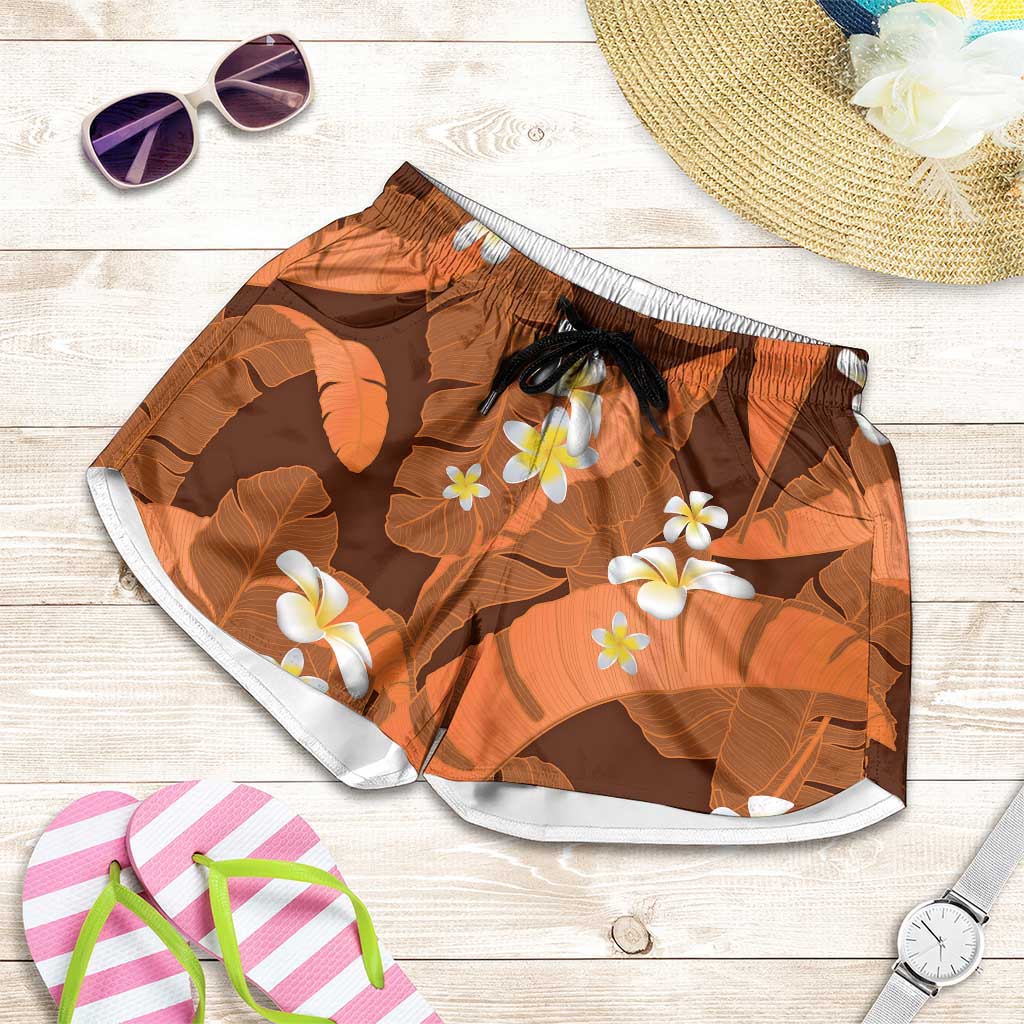 Orange Banana Leaf Hawaii Shorts for Women Lau Maia Plumeria Tropical Summer Vibes