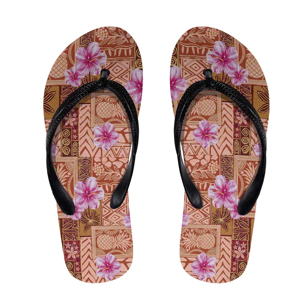 Orange Hawaii Hibiscus Tropical Flowers Motifs Flip Flops - Polynesian Pride